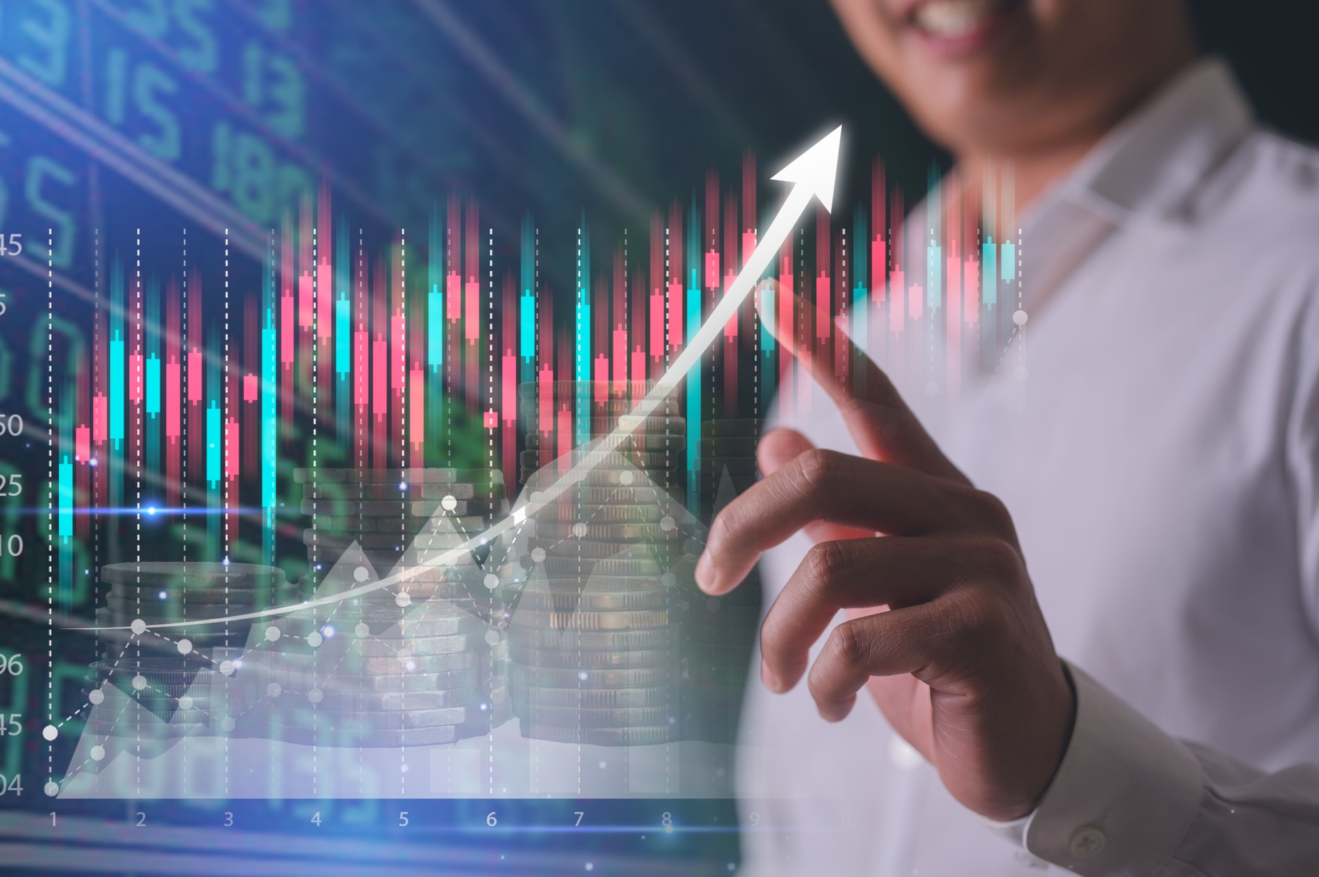 Businessman trader show growing virtual hologram stock trading pointing to arrow up to forecast analyze stock market and economic business market growth, investments and financial concept